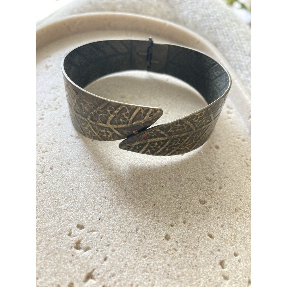 Vintage Etched Brass Tone Wrap Cuff Bracelet Hinged Leaf Engraved Boho Artisan
